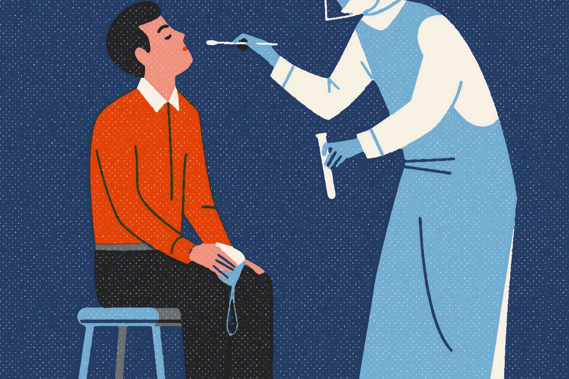 The Detroit Public Schools Community District is partnering with Wayne State University and Henry Ford Health System to offer the testing. Illustration of a patient and medical supervisor preparing for a COVID-19 nasal swab test.