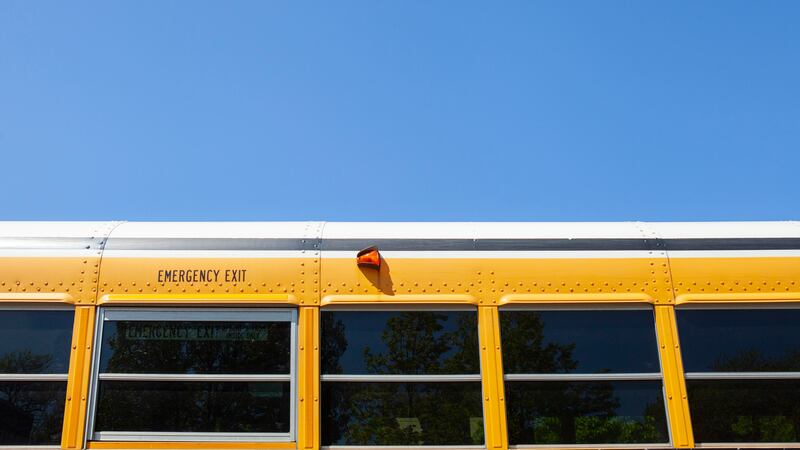 The top of a school bus splits is pictured against a bright blue sky.