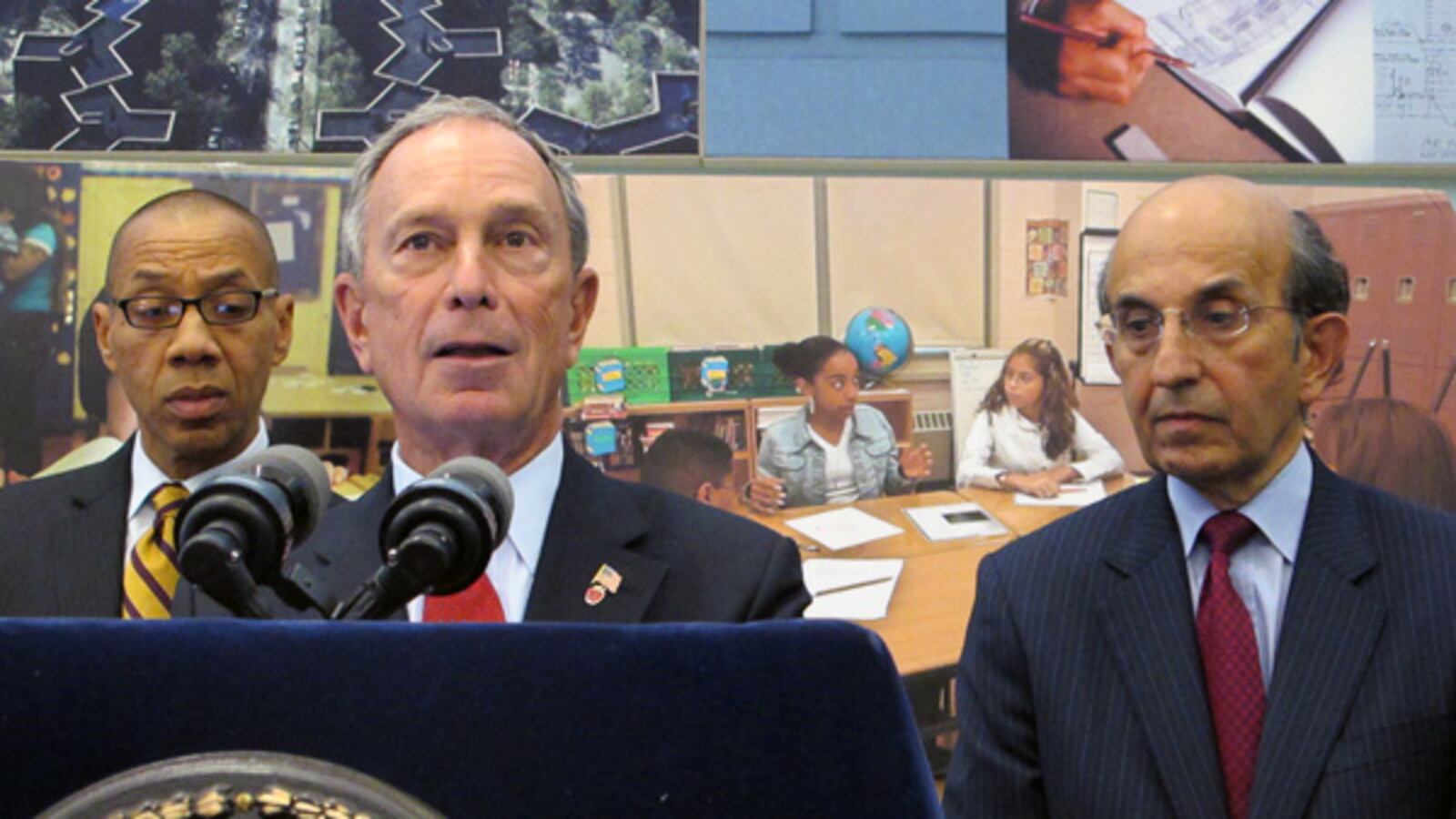 Former Mayor Michael Bloomberg, flanked by former Deputy Mayor Dennis Walcott and Schools Chancellor Joel Klein in 2010.