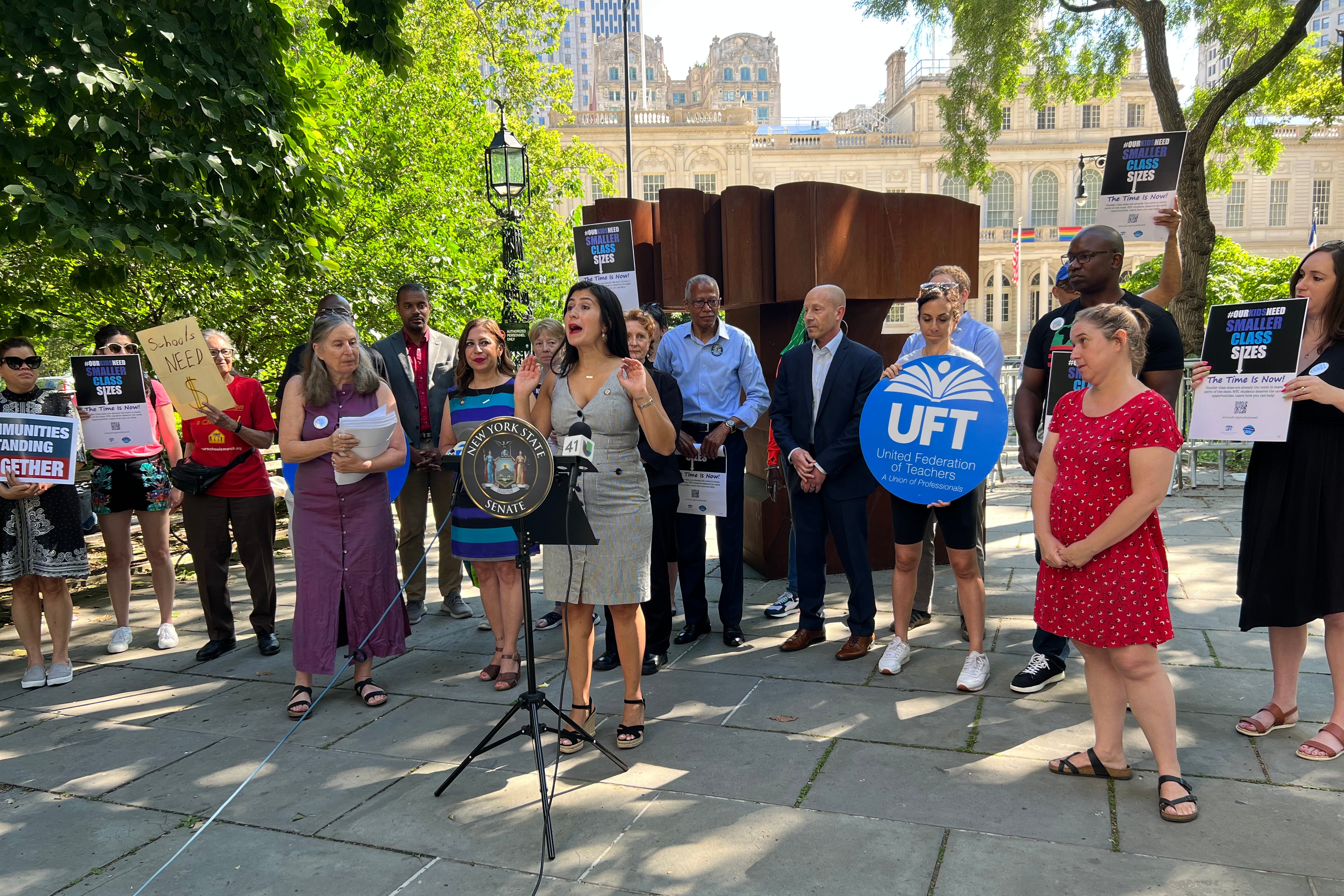 Lawmakers hold a rally calling for Governor Kathy Hochul to sign a bill lowering class sizes in New York City schools.
