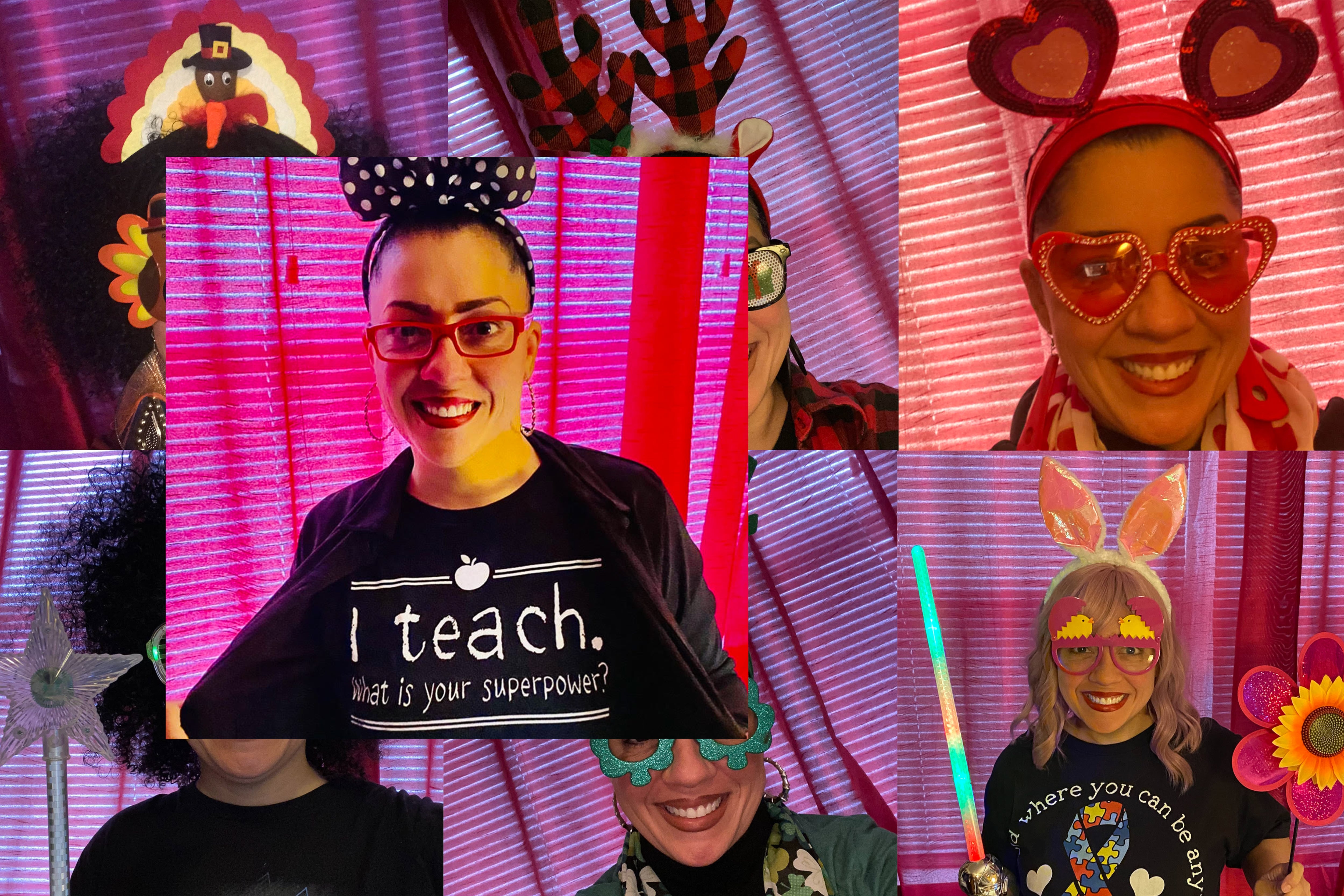 A multi-photo collage of Newark teacher Milybet Montijo-Cepeda, who uses a variety of outfits to engage her students.