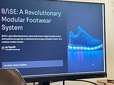 A computer screen with a blue shoe and some words on it.