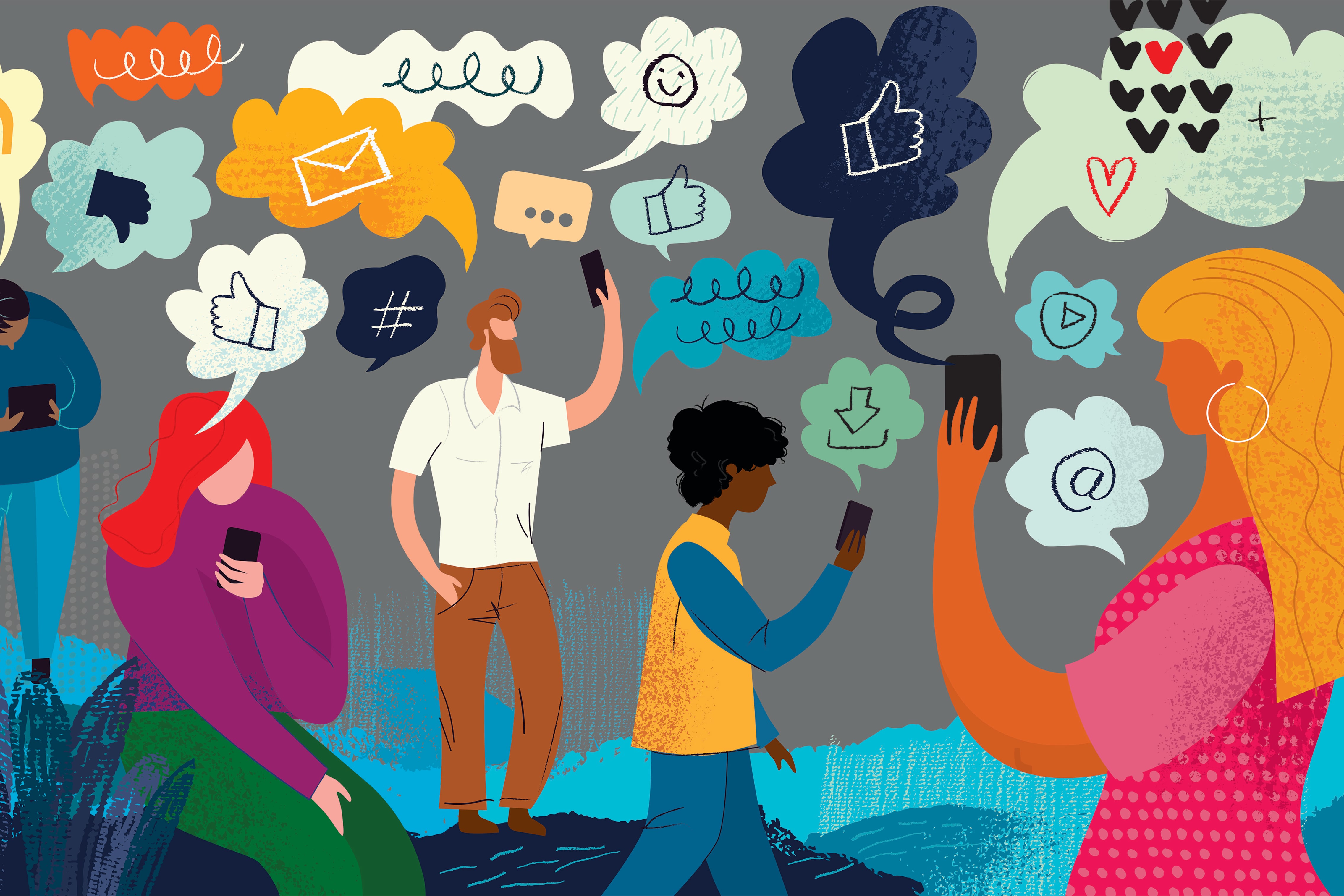 An illustration of five people holding their phones with cloud bubbles above them with little illustrations of social media icons.