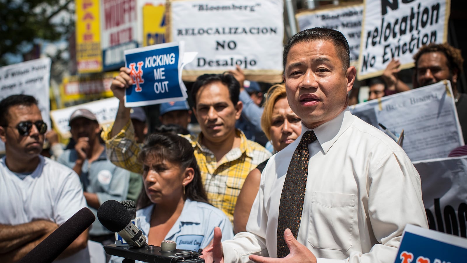 John Liu, former mayoral candidate, speaks at a protest in 2013. (Photo by Andrew Burton | Getty Images)
