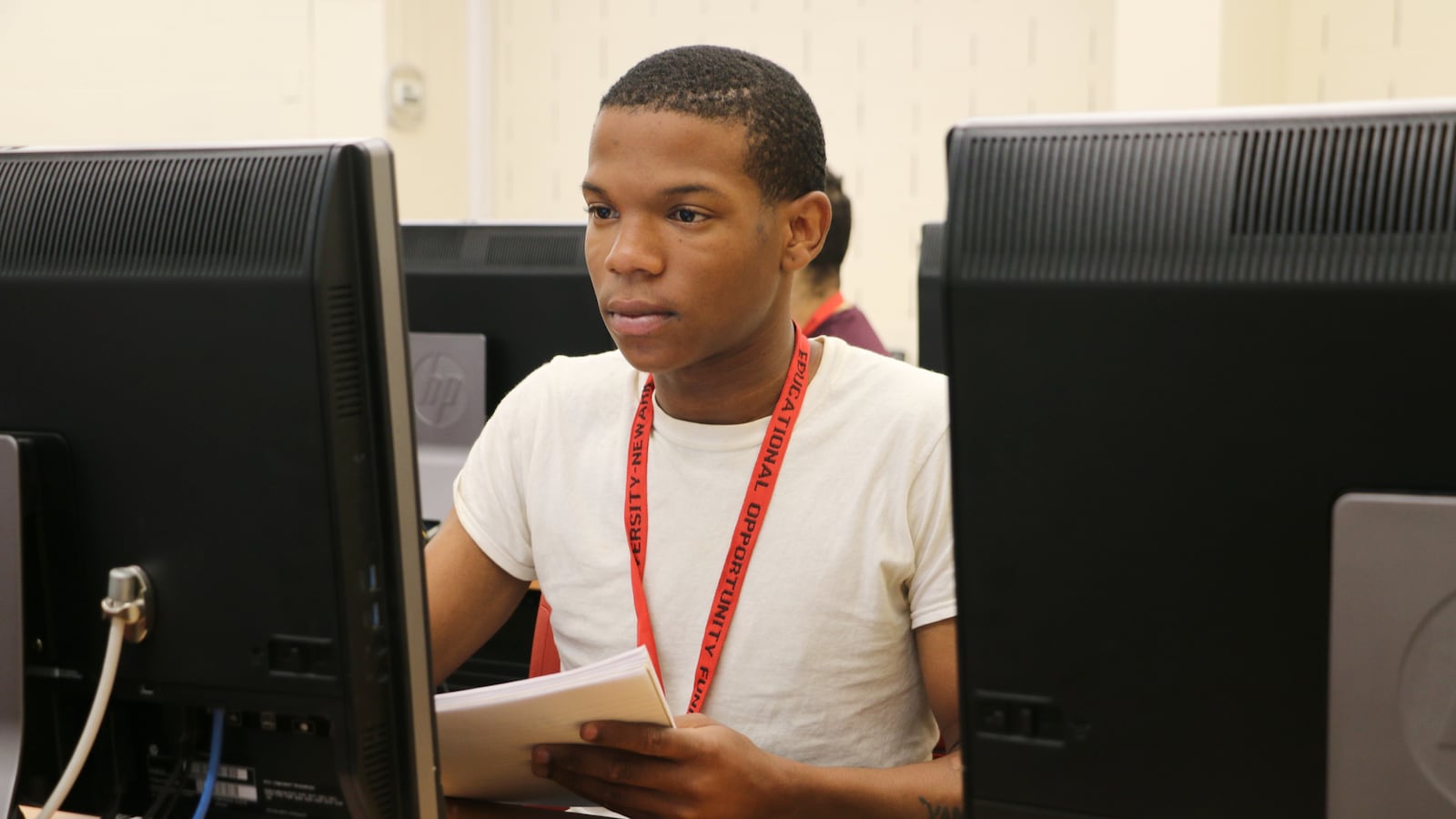 Yamin Reddick in a summer math class at Rutgers University-Newark. He had to pass his summer classes in order to begin as a freshman this fall. "This is going to be on me," he said.