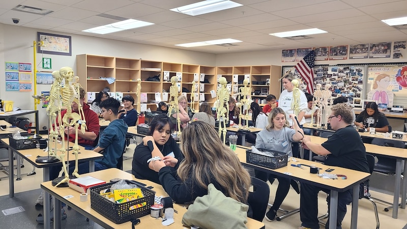 Students work together in a classroom.