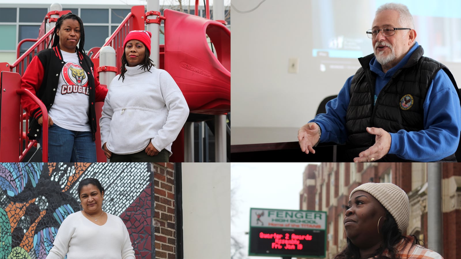 A grid of four different photos with two people posing in the image on the top left and one person posing in each of the three other images.