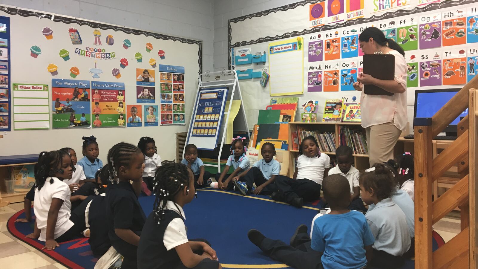 Brownell Elementary teacher Jane Godina addresses her pre-K class Wednesday, Sept. 5, 2018, the second day of school in Chicago.