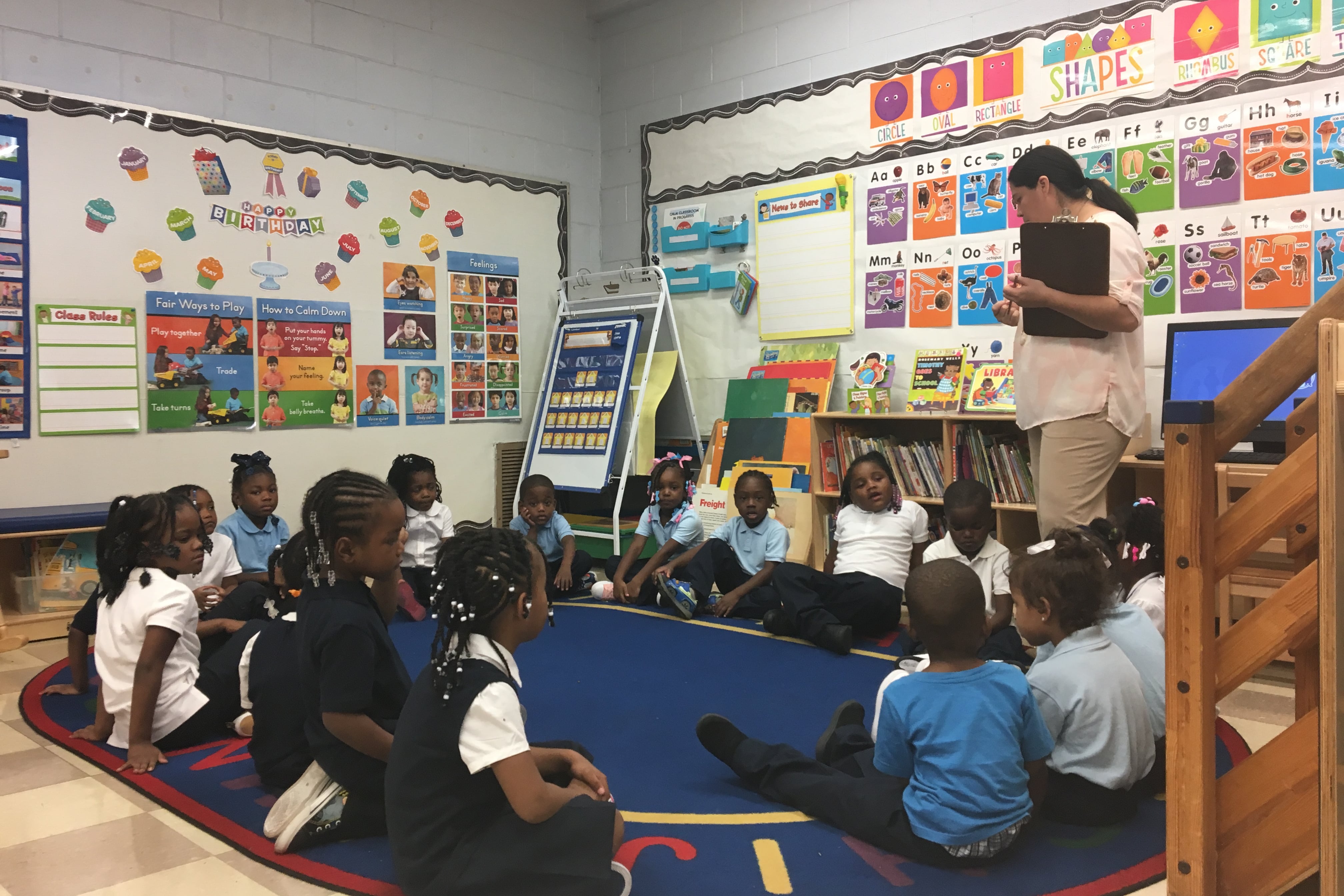 Brownell Elementary teacher Jane Godina addresses her pre-K class Wednesday, Sept. 5, 2018, the second day of school in Chicago.