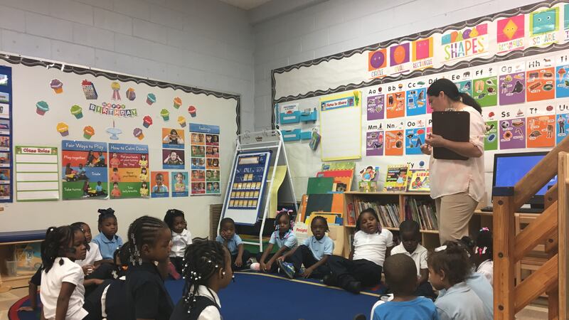 Brownell Elementary teacher Jane Godina addresses her pre-K class Wednesday, Sept. 5, 2018, the second day of school in Chicago.