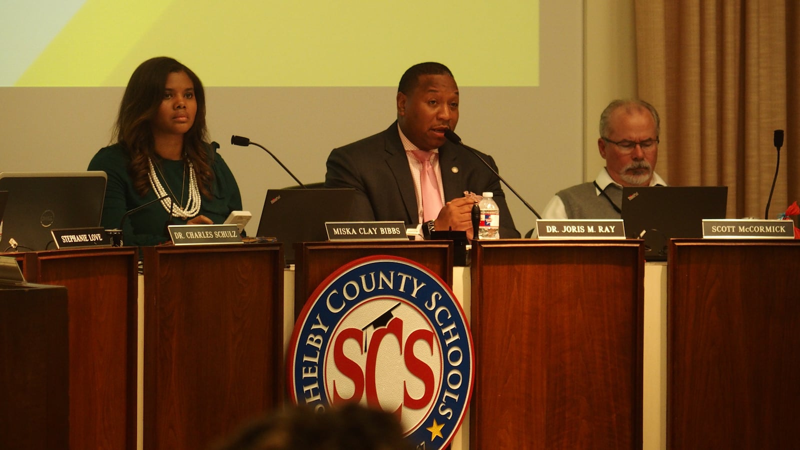 Shelby County Schools board chairwoman Miska Clay Bibbs, left, and Superintendent Joris Ray sit at a board meeting in October 2019.