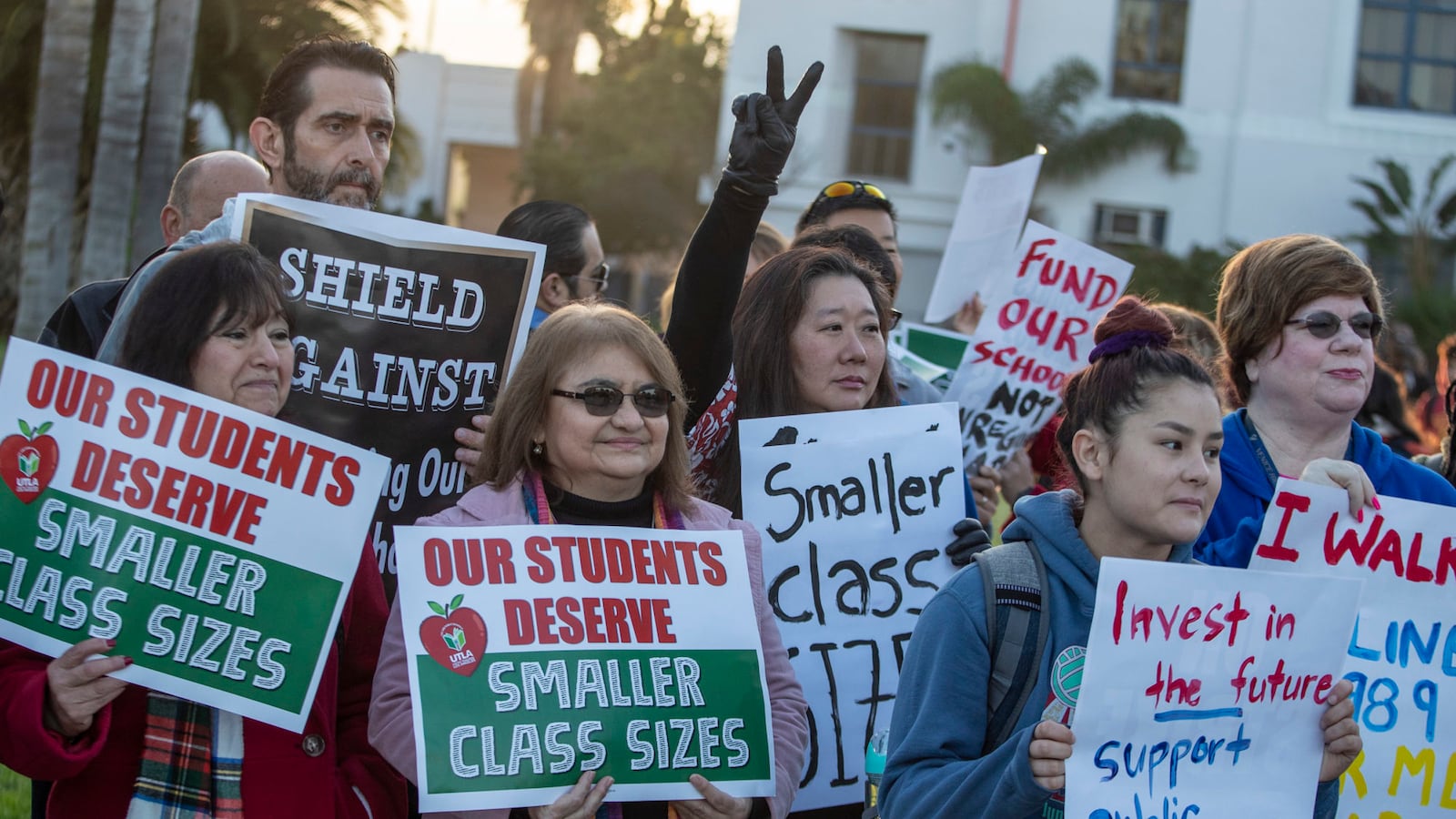 Teachers, retired teachers and parents show their support for UTLA in front of Venice High School in Venice, Calif., on Jan. 10, 2019.  (Photo by Brian van der Brug/Los Angeles Times via Getty Images)