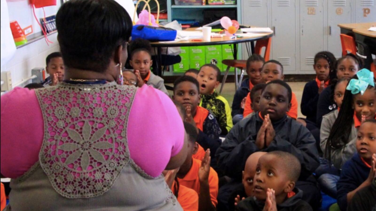 Students at Westwood Elementary learn a chant from their teacher in September 2018.