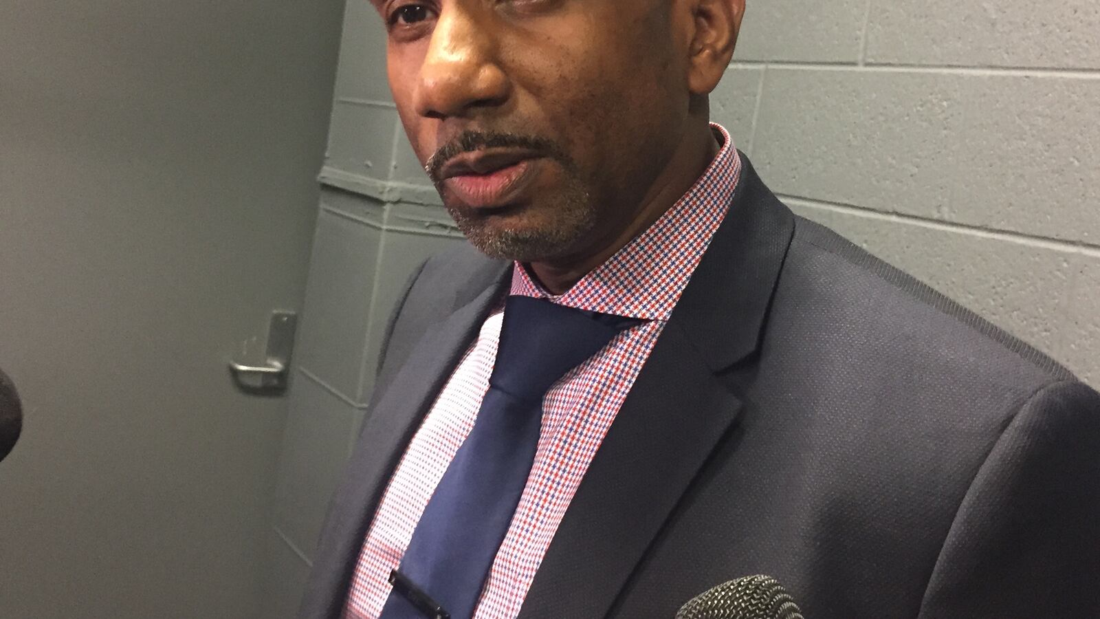 River Rouge Superintendent Derrick Coleman speaks with reporters following a 12-hour interview to become Detroit's next top school leader.