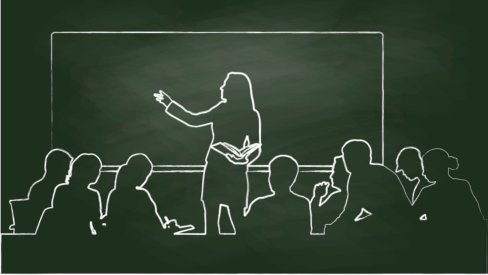 Chalk vector illustration of a woman teacher and students listening to the lecture