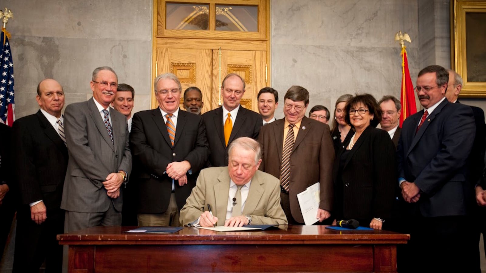 Gov. Phil Bredesen poses with state legislative leaders on Jan. 26, 2010, for a ceremonial signing of the First to the Top Act. The law was passed as part of Tennessee's competitive application for the U.S. Department of Education's Race to the Top grant program under President Barack Obama.