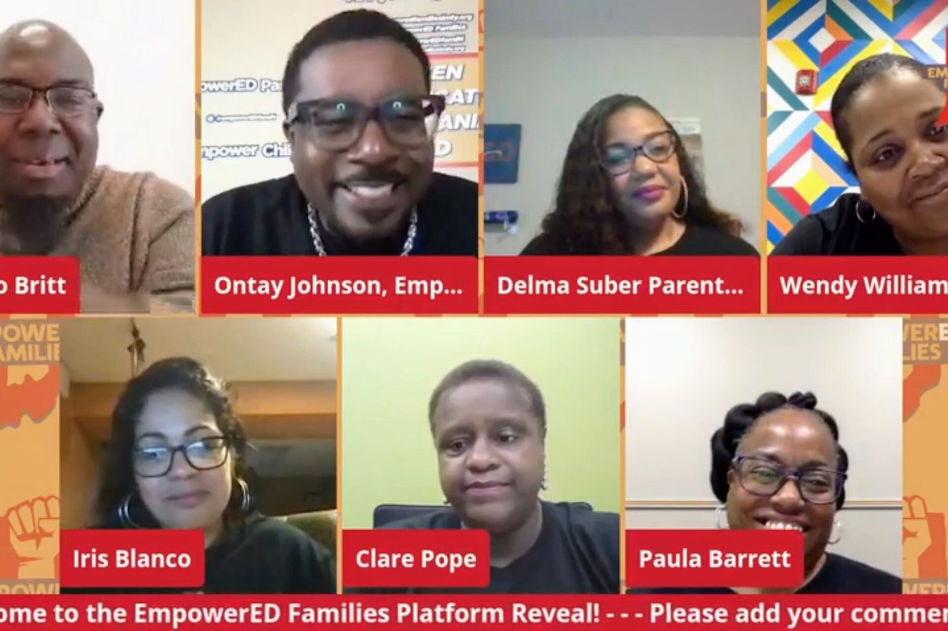 A computer screenshot of EmpowerED Families staff and parent advocates during the group’s Platform Reveal online event on May 18.