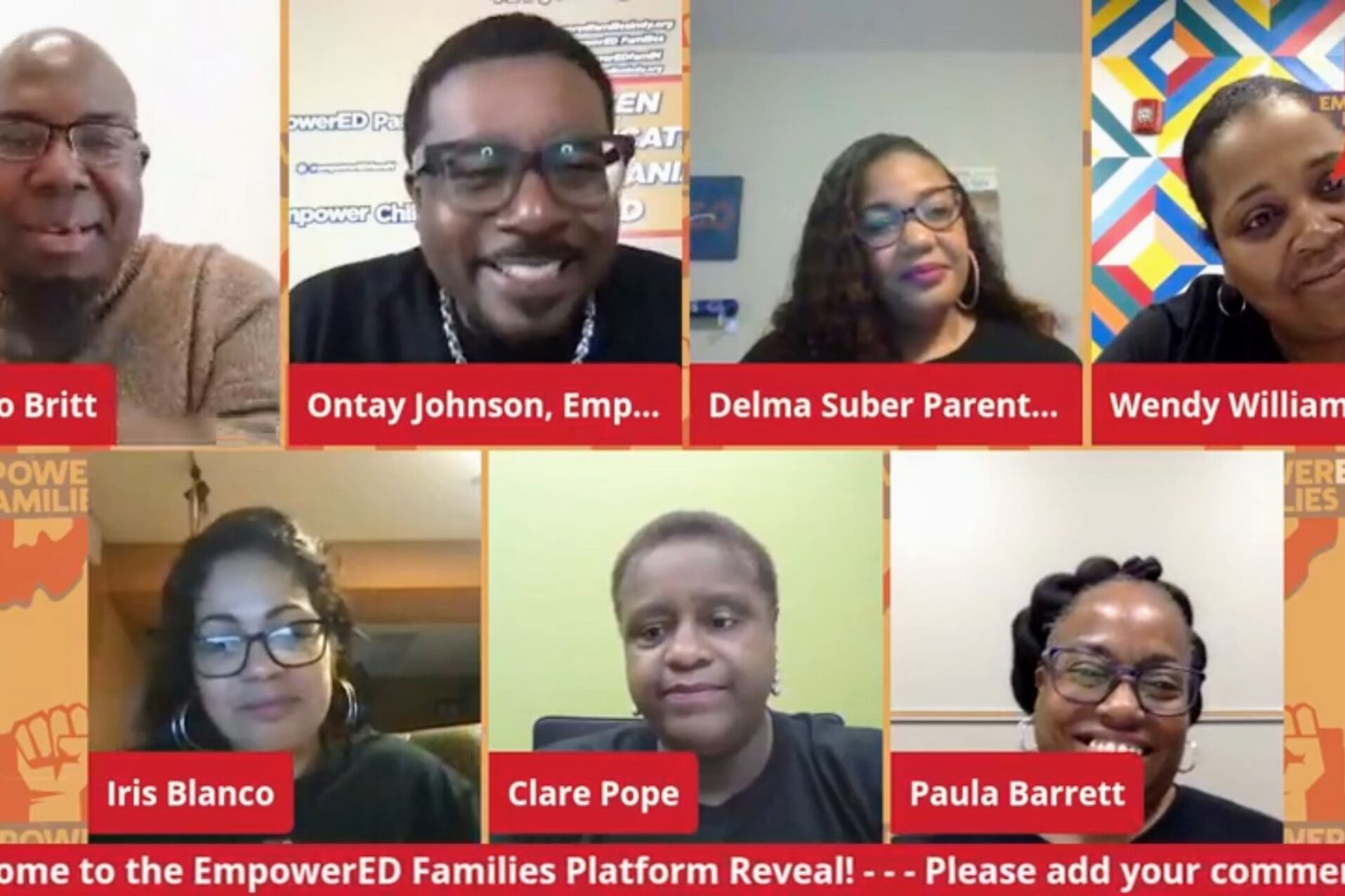 A computer screenshot of EmpowerED Families staff and parent advocates during the group’s Platform Reveal online event on May 18.