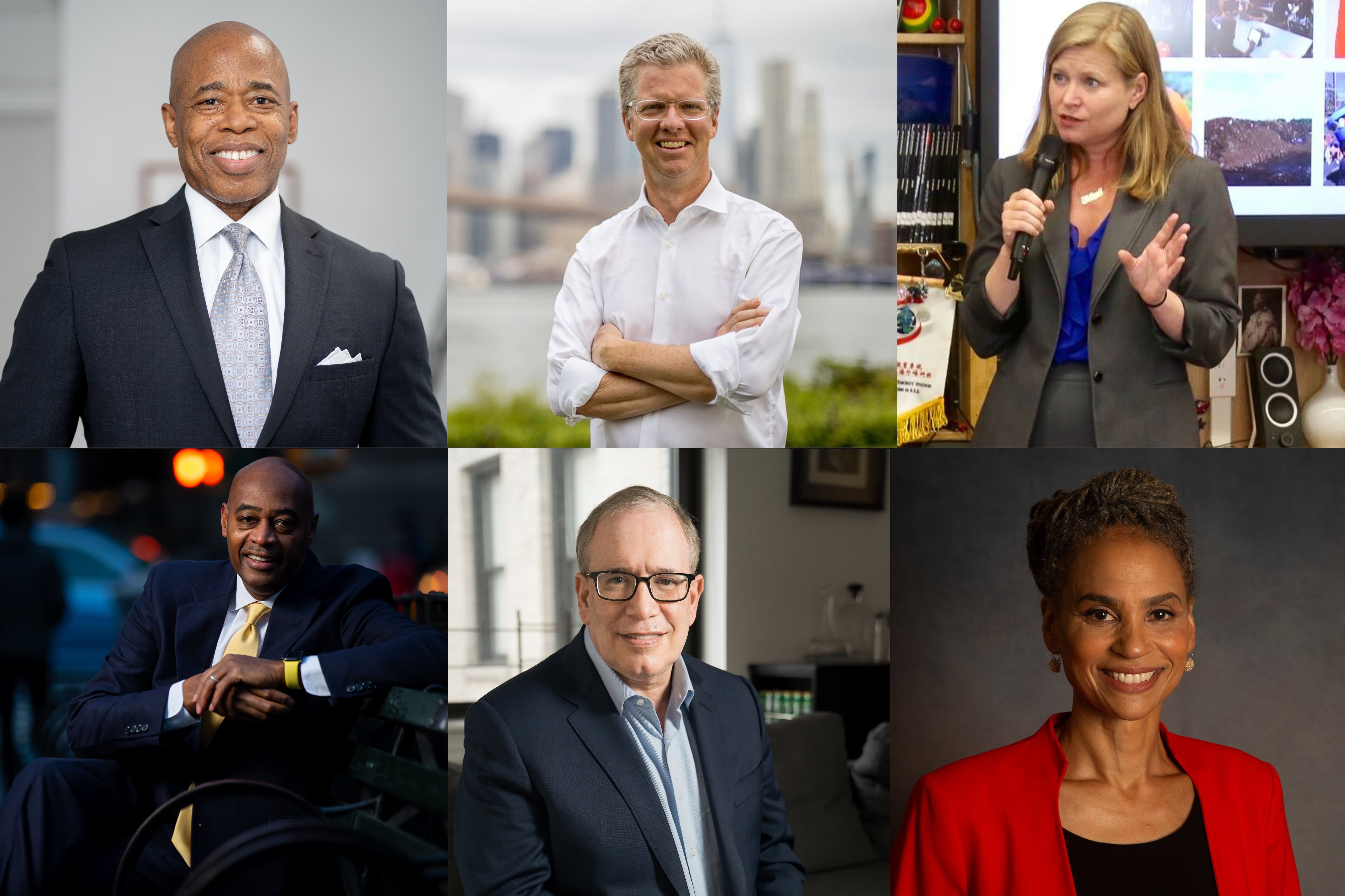 (Clockwise from top left) A collage of portraits of New York City mayoral candidates Eric Adams, Shaun Donovan, Kathryn Garcia, Maya Wiley, Scott Stringer and Ray McGuire.