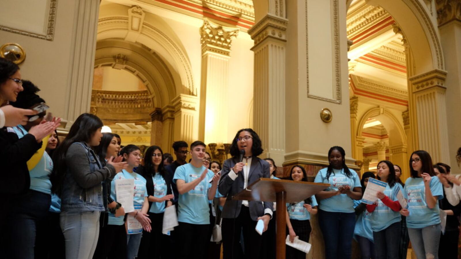 Celest Hutagalung, a student at DSST: Conservatory Green High School, joins other students to push a proposal to let 16- and 17-year-olds vote in school board elections.