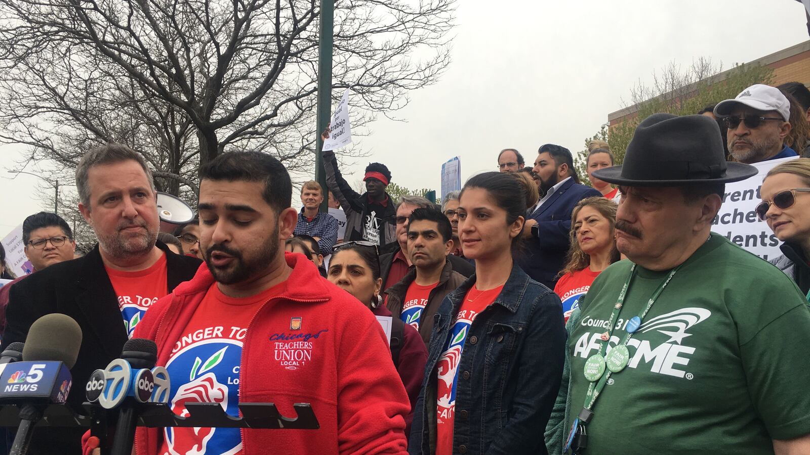 Chicago charter teacher Mihir Garud speaks at a press conference April 25, 2019, announcing a May 1 strike date if negotiations remain stalled.