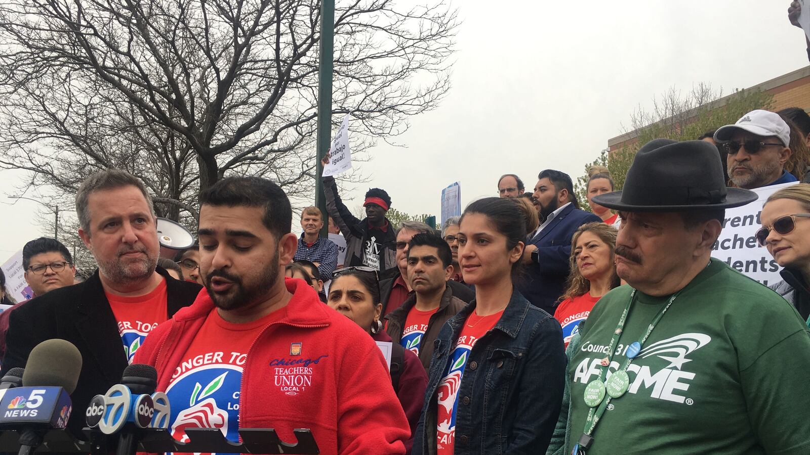 Chicago charter teacher Mihir Garud speaks at a press conference April 25, 2019, announcing a May 1 strike date if negotiations remain stalled.