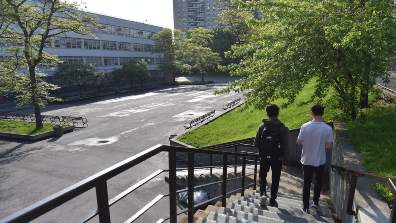Students walk down the stairs near Bronx High School of Science, a specialized high school in the Bronx.