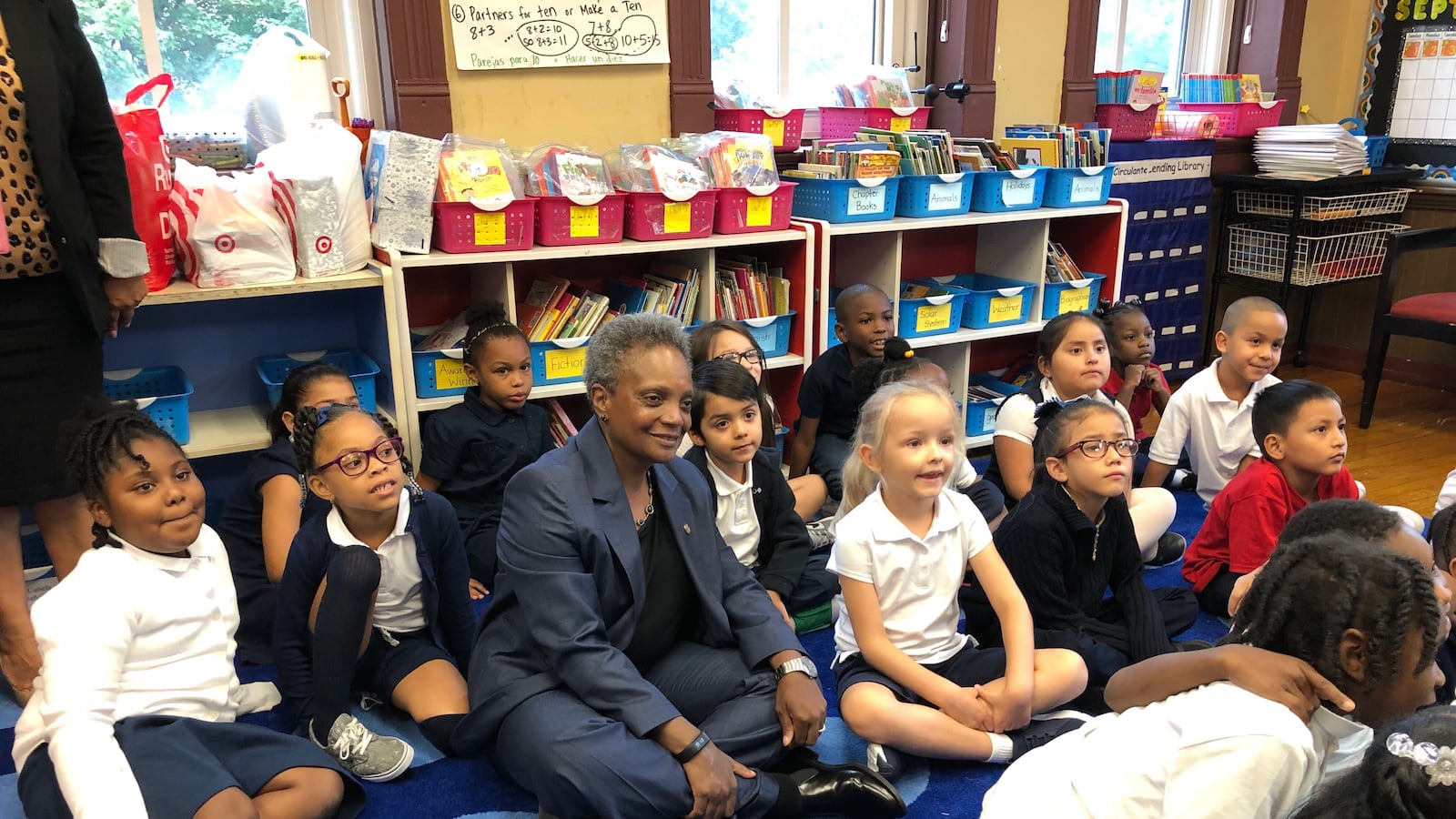Chicago mayor Lori Lightfoot visits students in a third grade classroom at Salazar Elementary Bilingual Center on the first day of school.
