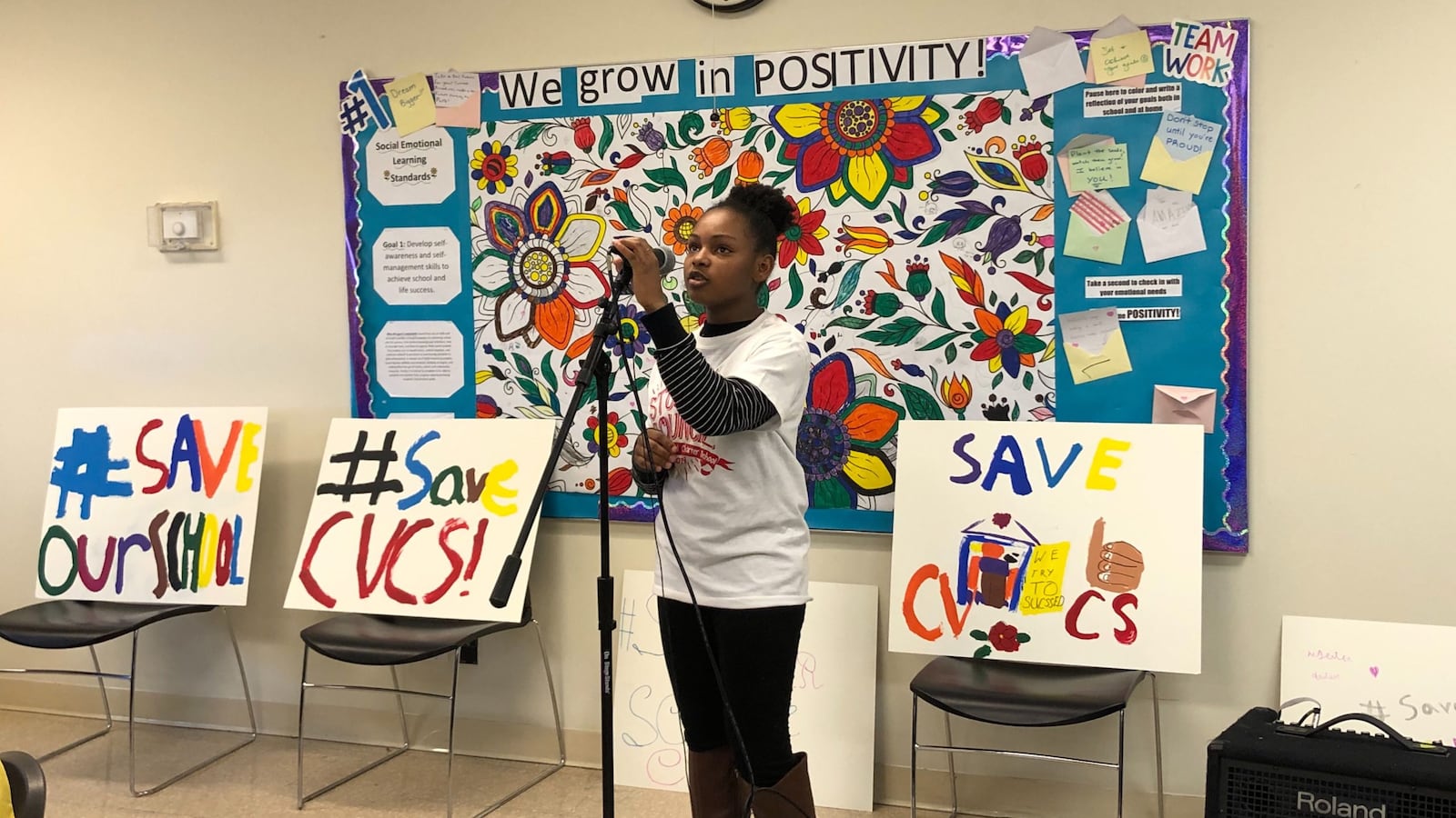 Chicago Virtual Charter School ninth grader Lena Kelly urges that her school be kept open. She spoke at a meeting in February 2020.