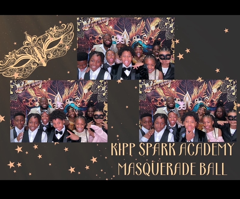 A photograph of three group images and a drawing of a golden mask and gold words that say "KIPP SPARKS ACADEMY MASQUERADE BALL." all on a grey background with gold starts all around.