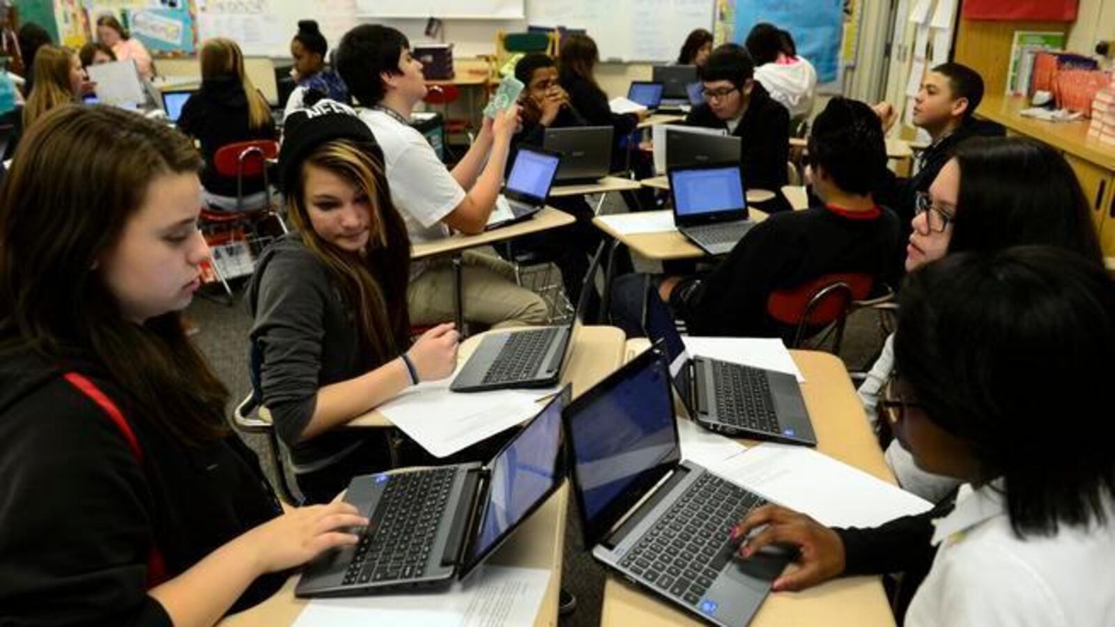 Students prepare for statewide testing in Michelle Mugatha’s eighth-grade language arts class at Columbia Middle School in Aurora in 2014.