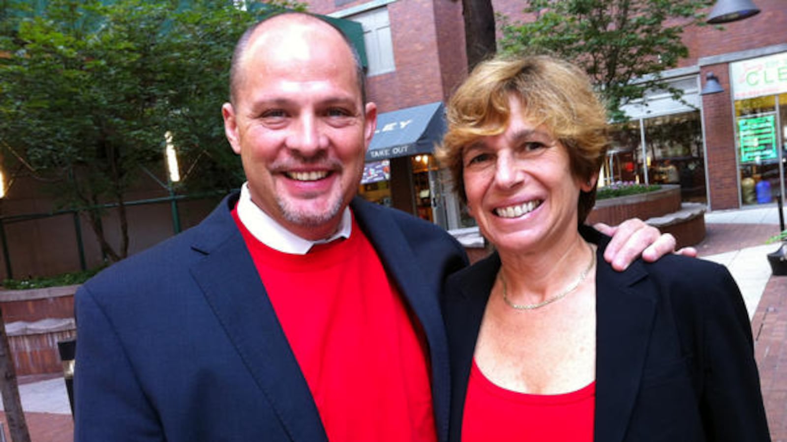 In a picture the UFT distributed on Twitter, President Michael Mulgrew and AFT President Randi Weingarten wear red in Sept. 2012 to show solidarity with teachers on strike in Chicago.
