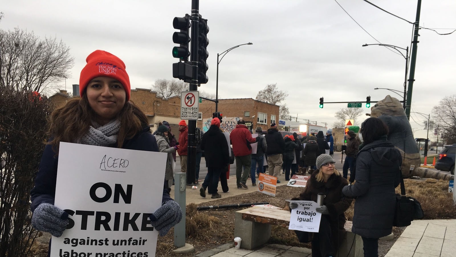 Susana Urquiza, a teacher at Major Hector P. Garcia M.D. High School, from the picket line on Dec. 4, 2018.