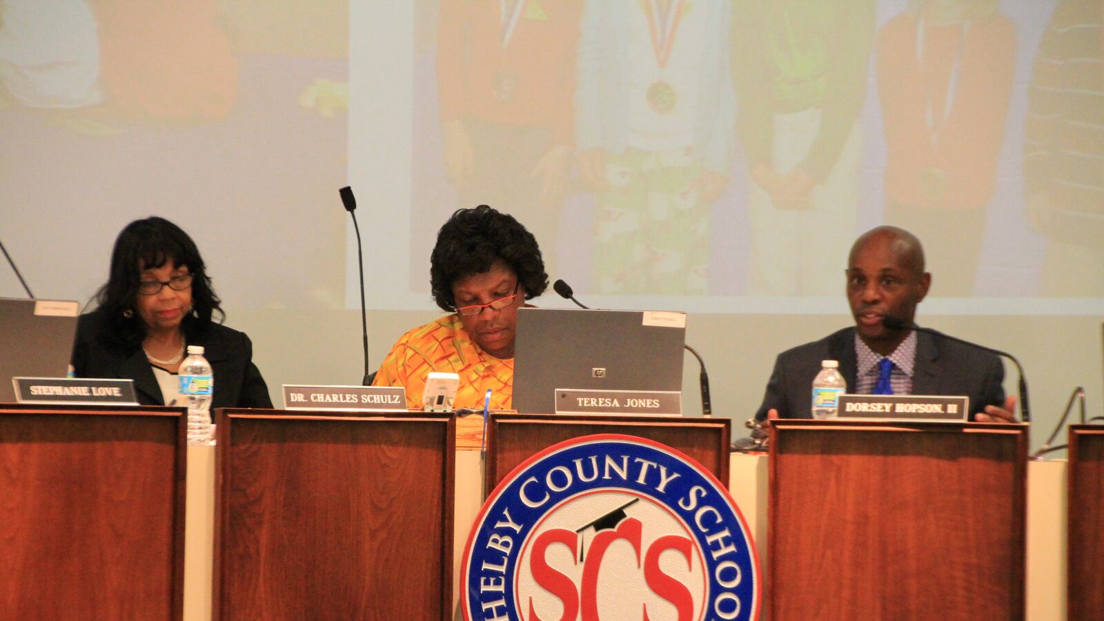 Board Chair Teresa Jones (center) and Superintendent Dorsey Hopson at a work session on June 23, 2015.
