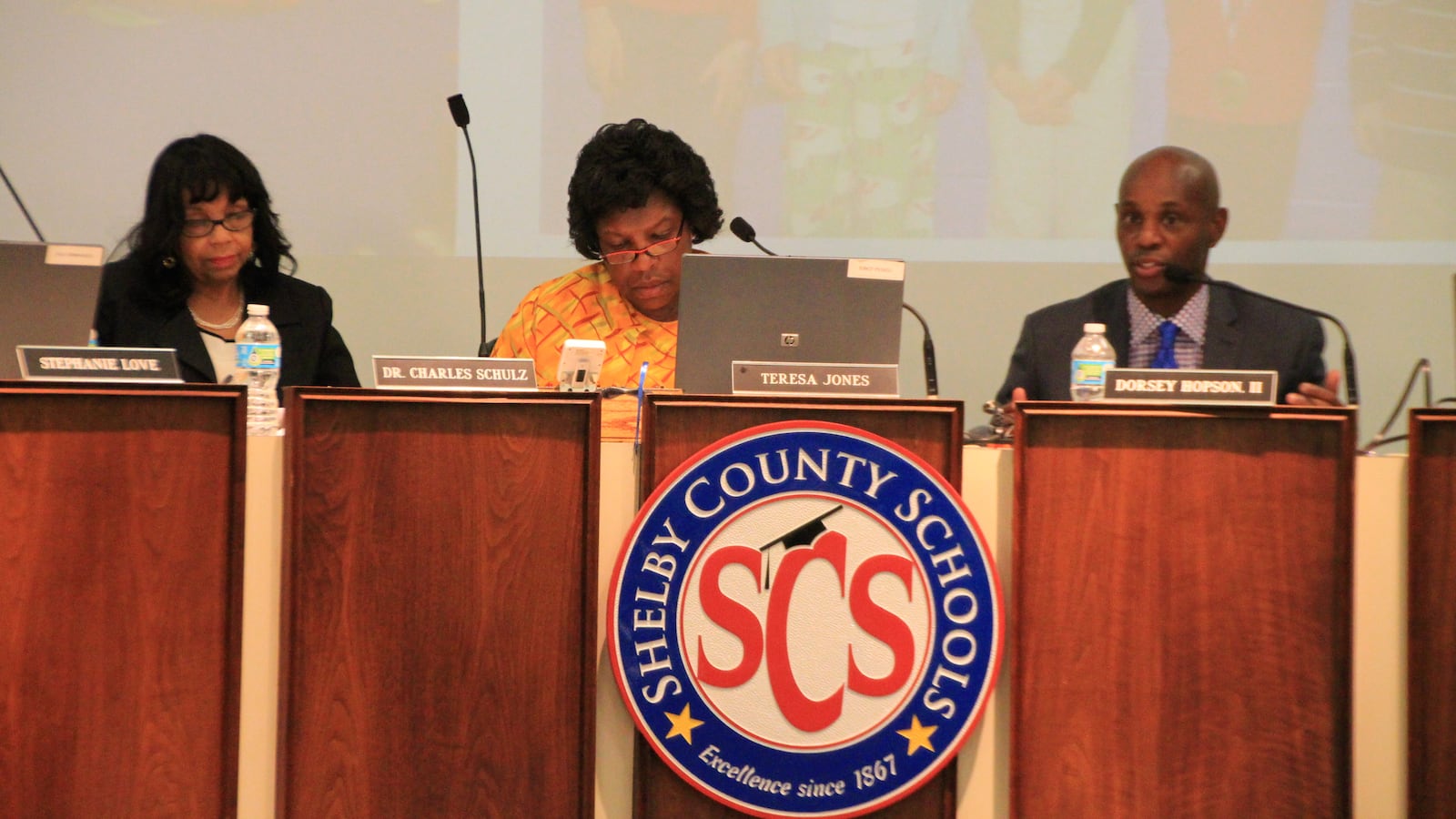 Board Chair Teresa Jones (center) and Superintendent Dorsey Hopson at a work session on June 23, 2015.