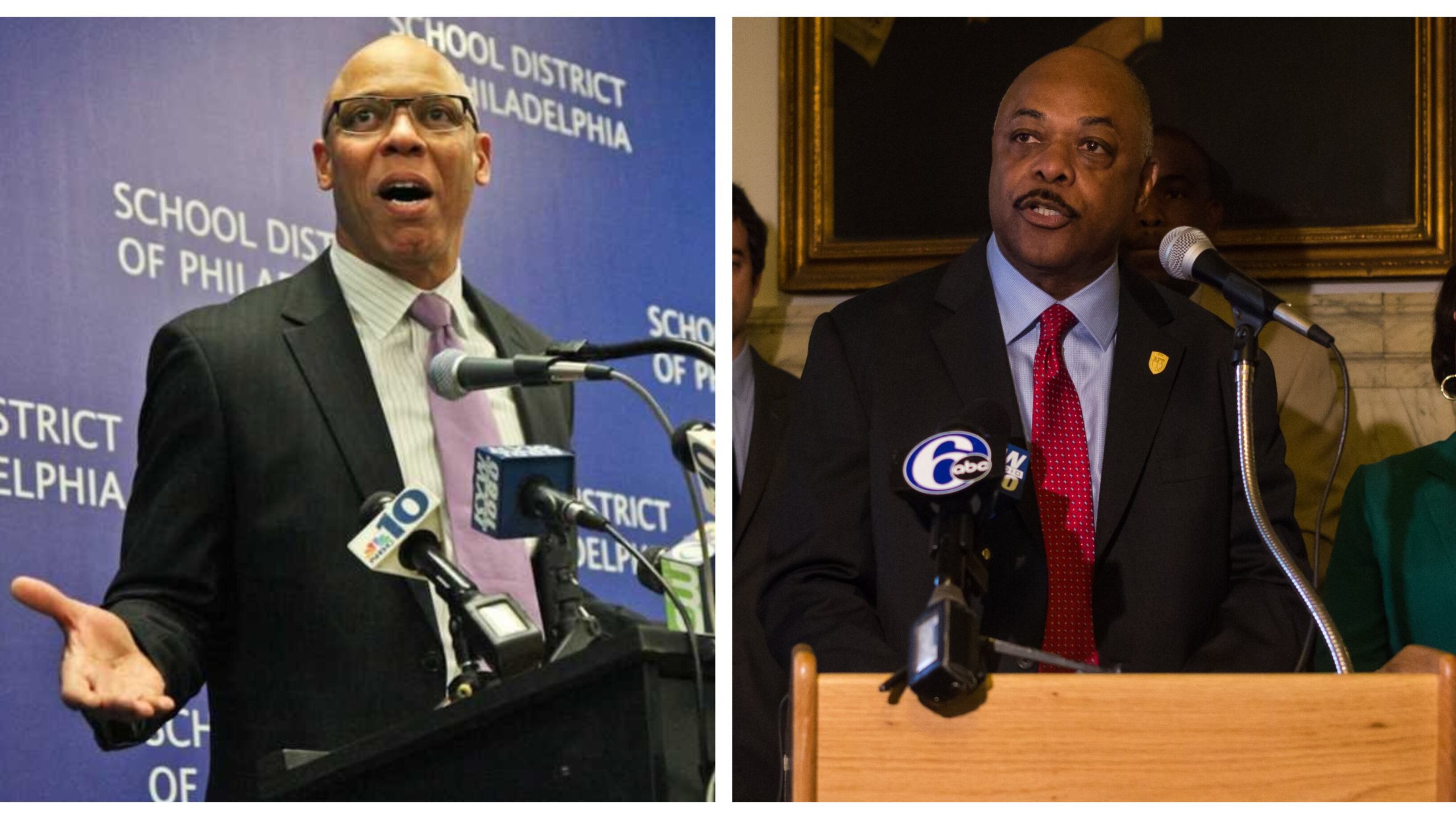 Split image of William Hite speaking at a microphone on the left and Jerry Jordan speaking at a microphone on the right.