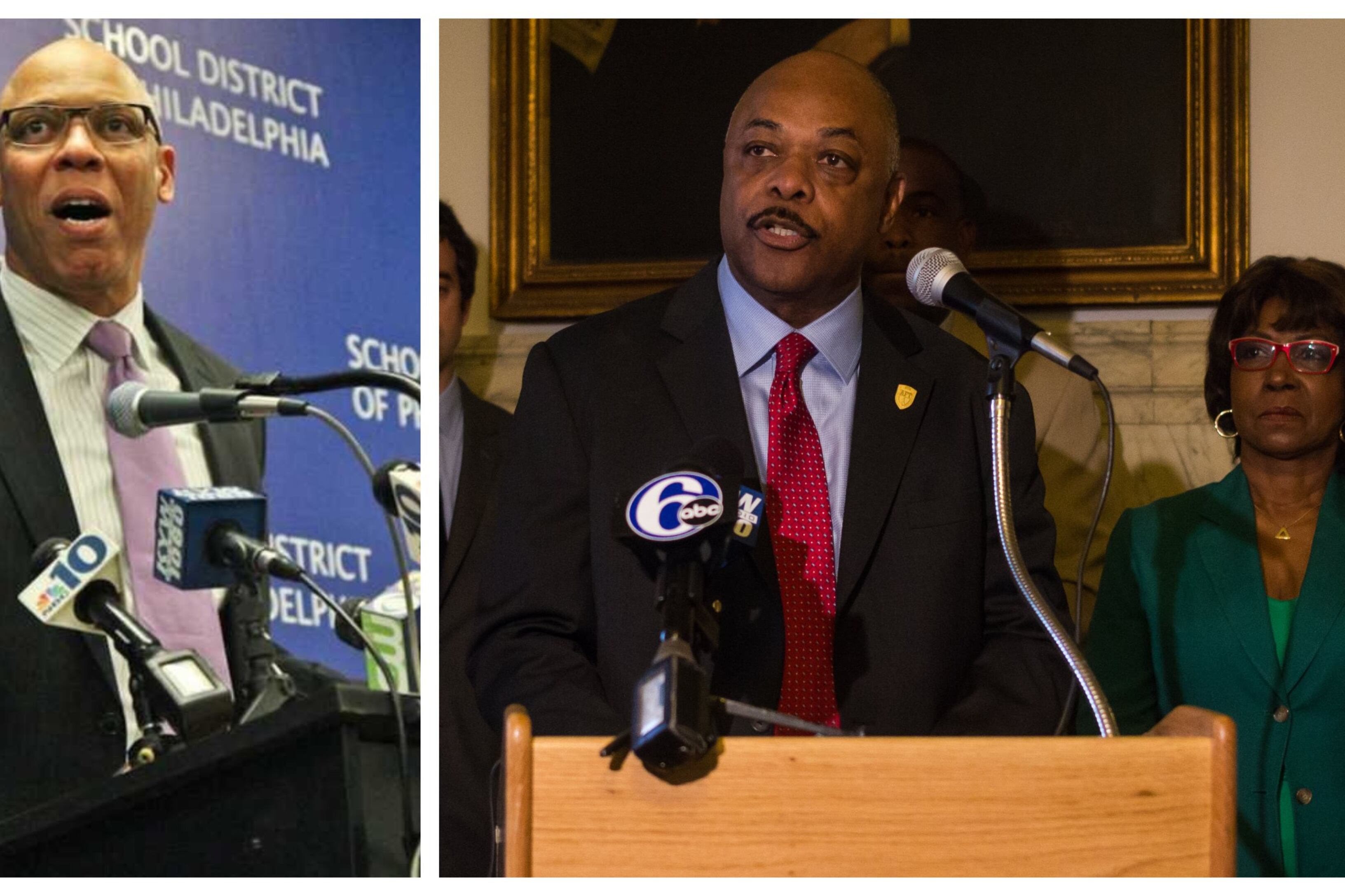 Split image of William Hite speaking at a microphone on the left and Jerry Jordan speaking at a microphone on the right.