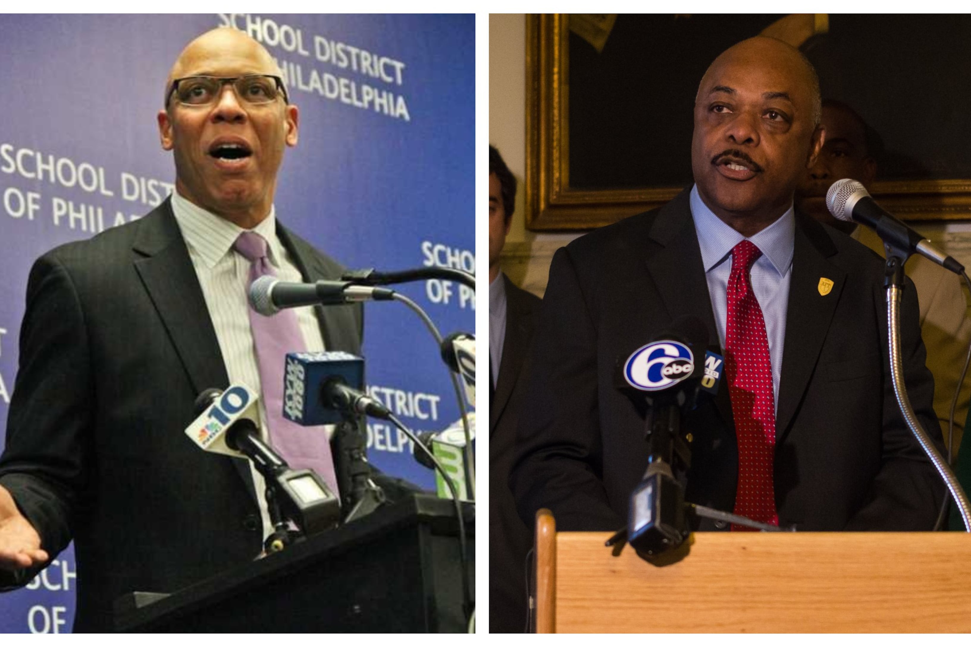Split image of William Hite speaking at a microphone on the left and Jerry Jordan speaking at a microphone on the right.