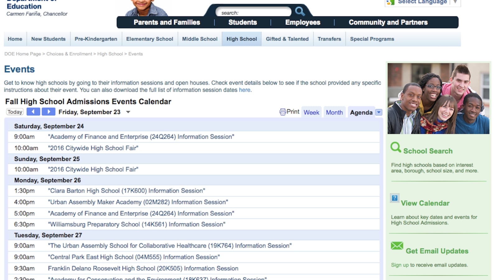 The Department of Education's high school admissions events calendar.