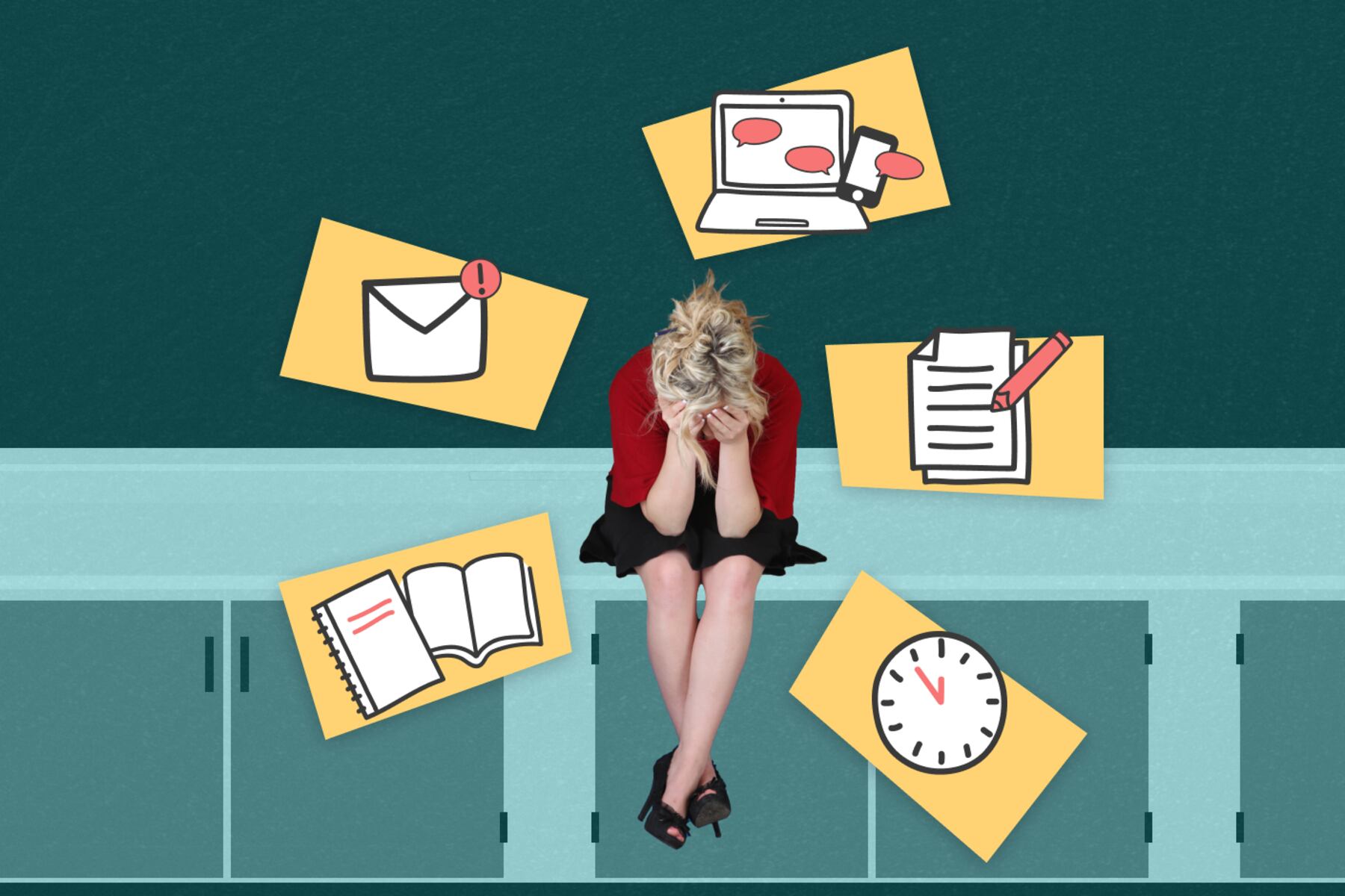 A distressed teacher sitting in her classroom with her face in her hands. Illustrations of overwhelming tasks floating around her head.