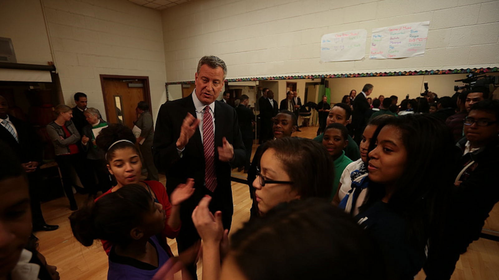 Mayor Bill de Blasio at M.S. 331 talking about after-school programs for middle school students in 2014.