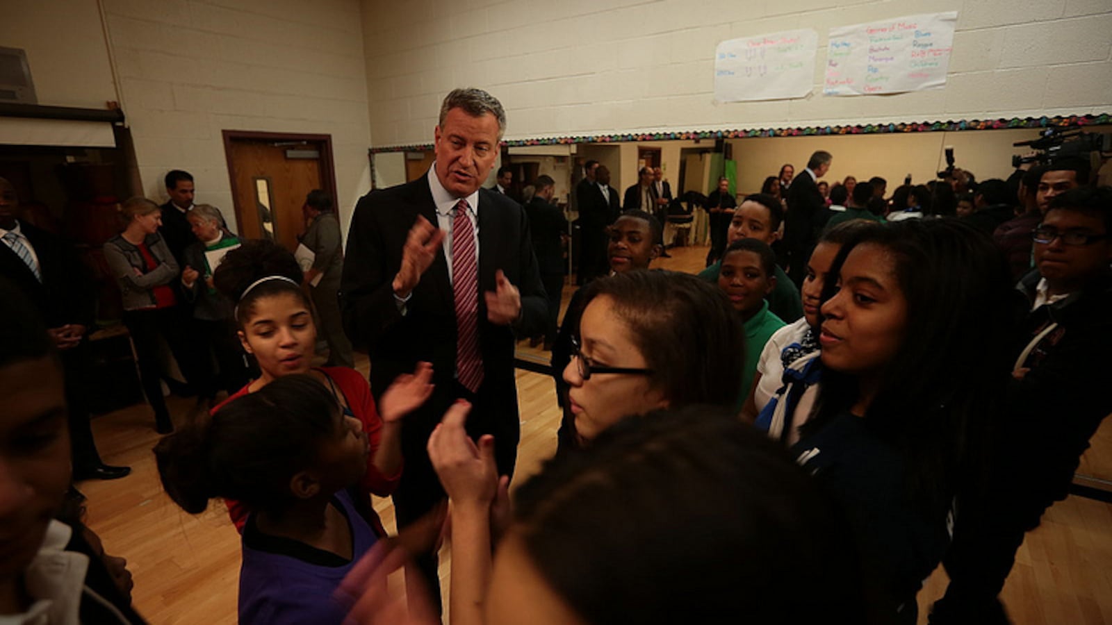 Mayor Bill de Blasio at M.S. 331 talking about after-school programs for middle school students in 2014.