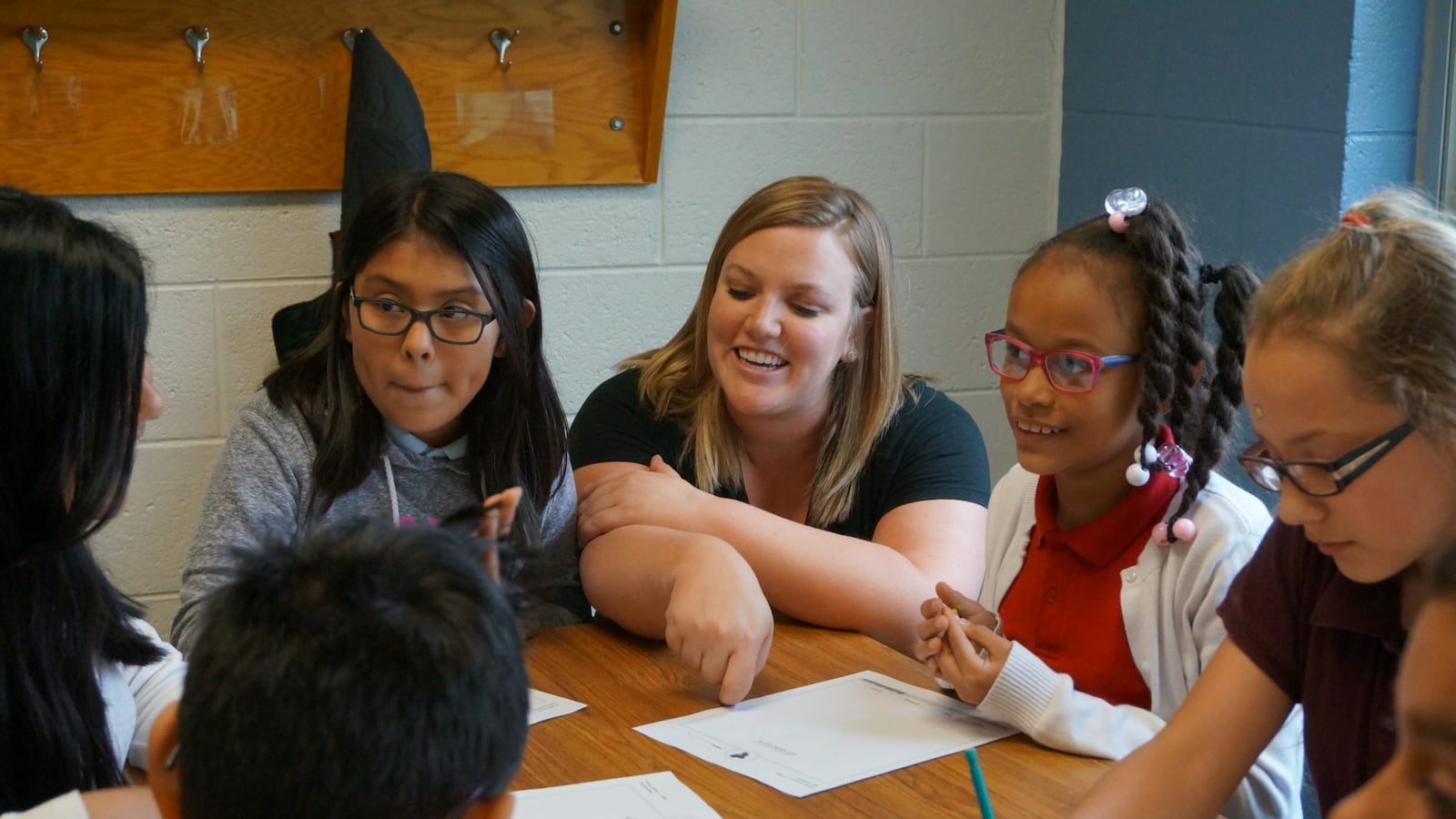 Teacher Abby Campbell works on math with her 4th grade class at Lew Wallace School 107. May 3, 2018.