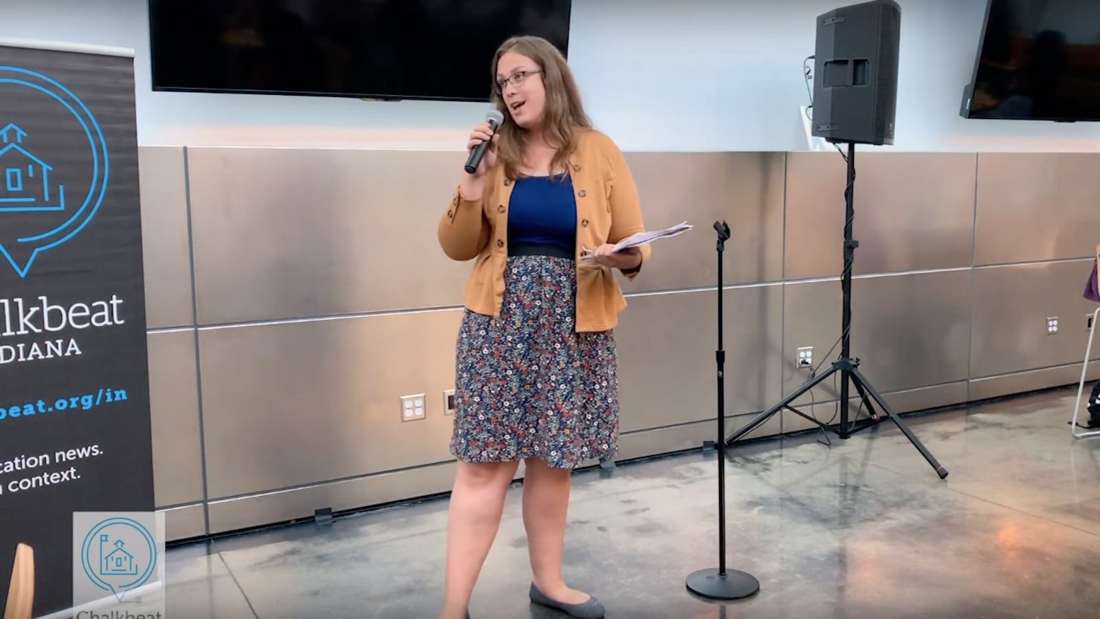Makayla Imrie, a teacher at Howe High School in Indianapolis, shared her story of surviving her first year of teaching at a story slam hosted by Teachers Lounge Indy and Chalkbeat Indiana at IUPUI on Sept. 26, 2019.