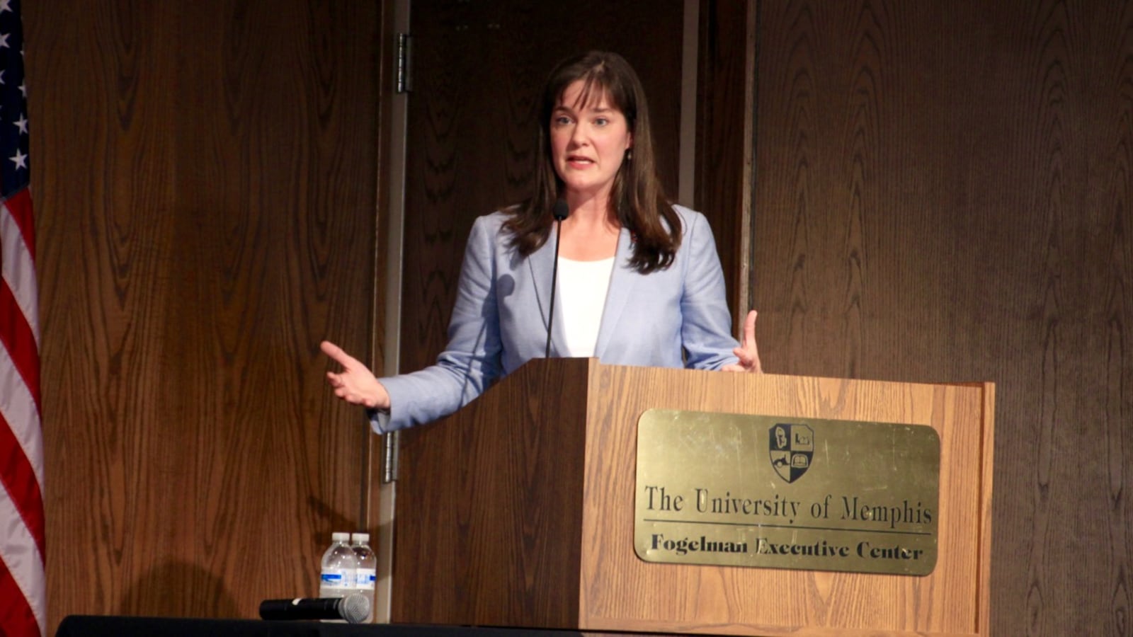 Tennessee Education Commissioner Candice McQueen speaks at a 2017 event in Memphis. (Photo by Caroline Bauman/Chalkbeat)