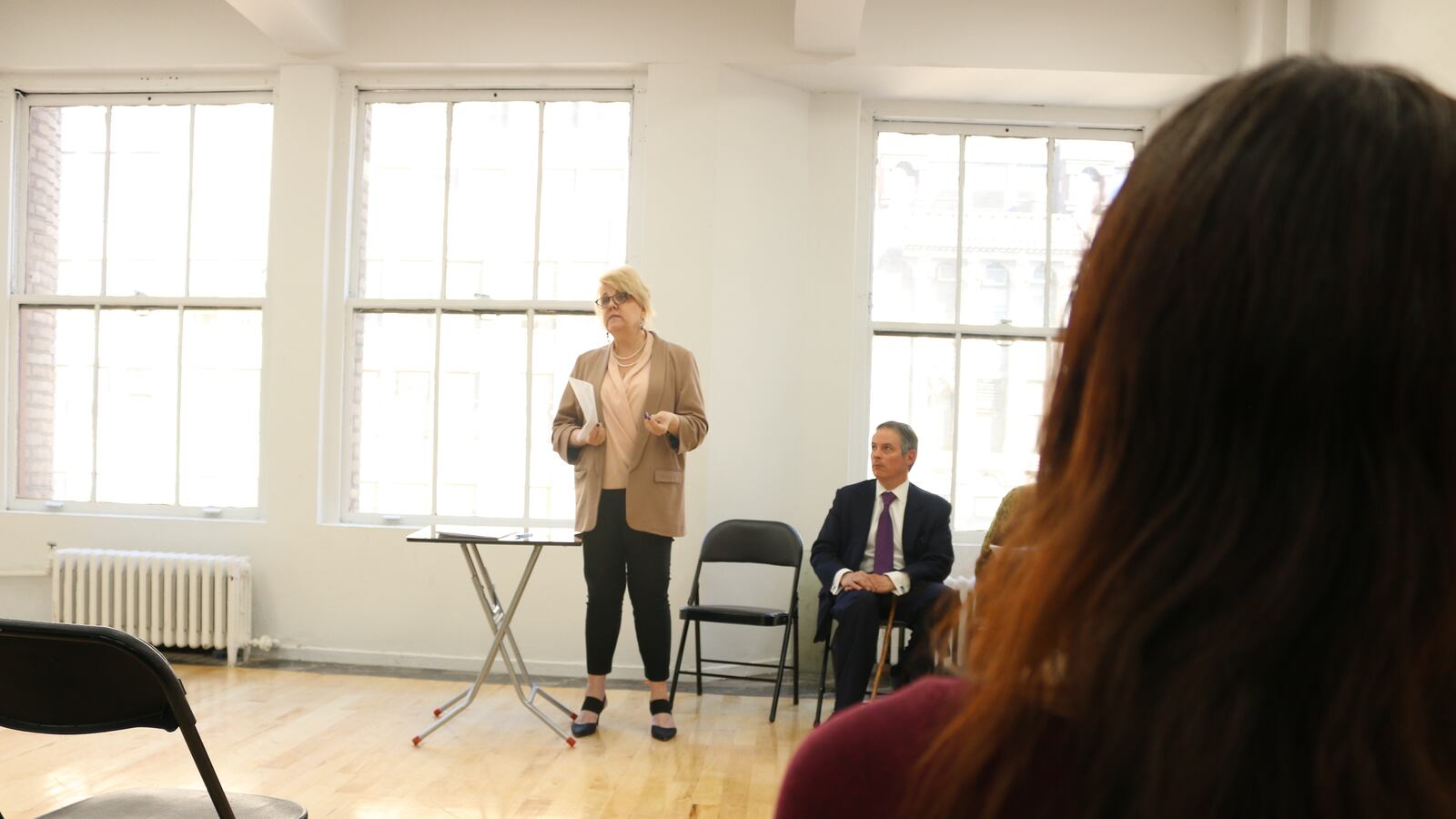 Alice Mulligan, director of a private preschool in Brooklyn, told her teachers over the loudspeaker that they would receive raises. Here, she speaks to pre-K providers across the city to launch a new advocacy group called CBOs for Equity to lobby the city for changes to its Pre-K for All contracts.