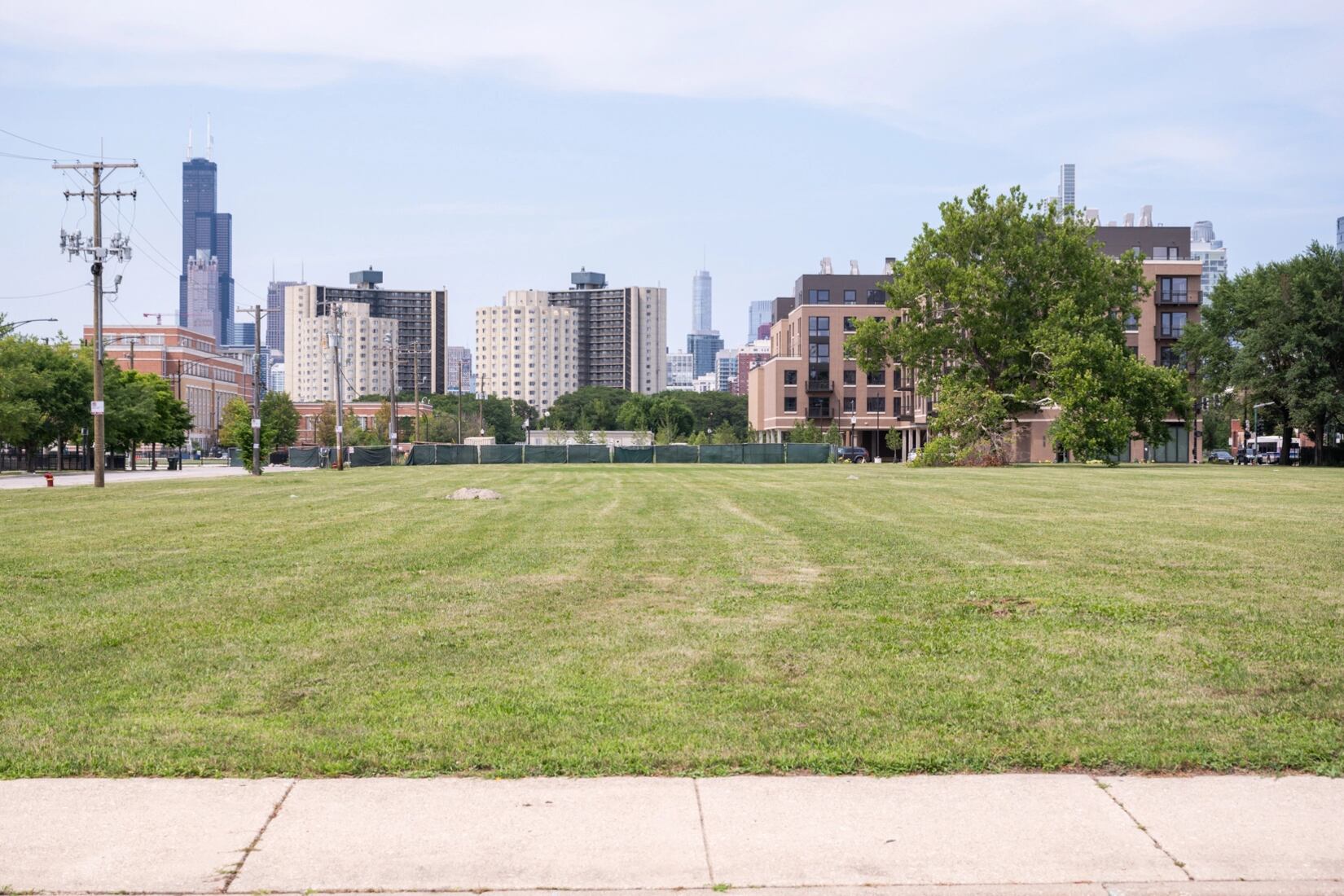 A photo of the vacant lot with green grass on it. The city skyline is in the background.