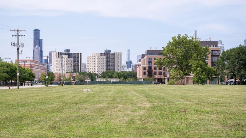 A photo of the vacant lot with green grass on it. The city skyline is in the background.