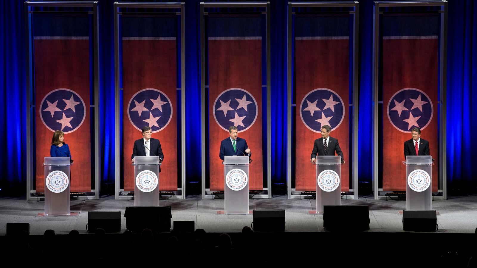 From left: Republican Beth Harwell, Democrat Craig Fitzhugh. Democrat Karl Dean, Republican Bill Lee, and Republican Randy Boyd participate in a Jan. 23 gubernatorial forum on education at Belmont University in Nashville, Tenn.