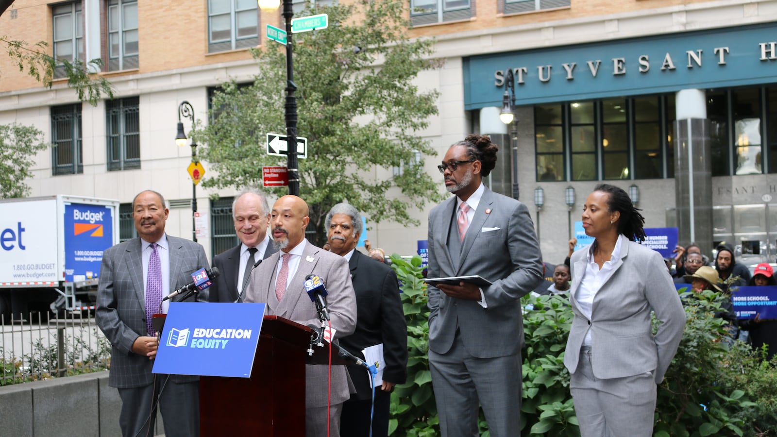 Supporters of Education Equity Campaign hold a press conference outside of Stuyvesant High School, including Rev. Kirsten Foy, center, cosmetics billionaire Ronald Lauder, left, and former Time Warner and Citigroup chairman Richard Parsons, far left.